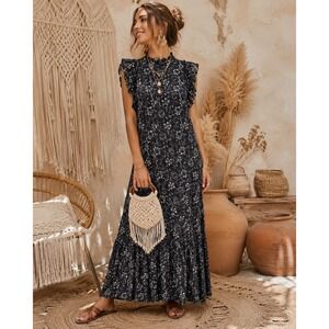 Banjanan Black White Floral Ruffle Maxi Dress Womens High Neck Tiered Boho Small
